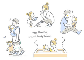 Naklejka premium 若い夫婦の子育てセット シンプルでお洒落な線画イラスト