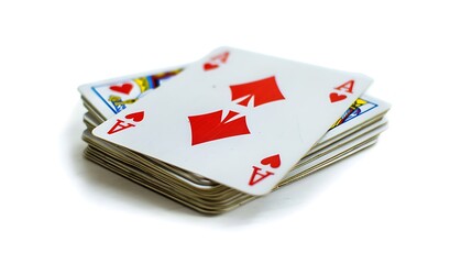 Isolated deck of cards with one card partially pulled out on a white background.