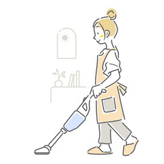 掃除機をかける若い女性　シンプルでお洒落な線画イラスト
