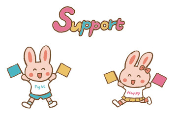 Rabbit boys and girls cheering with flags