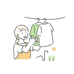 洗濯物を干す若い女性　シンプルでお洒落な線画イラスト