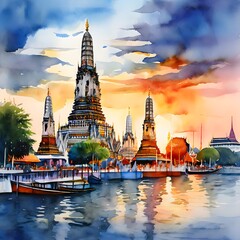 Sunset Serenity: A Watercolor of Wat Arun Temple by the Chao Phraya River