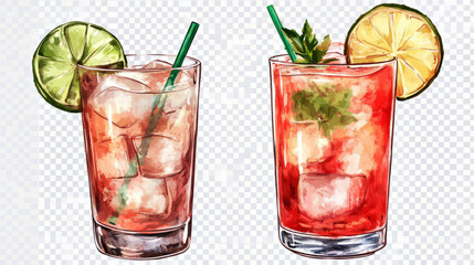 Watercolor illustration of an orange cocktail in a glass with an orange slice, green leaves and cube ice. Isolated pictures of a cup with Aperol for the menu. Alcoholic drink.