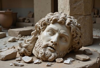 Close-up of broken ancient Greek statue with scattered fragments