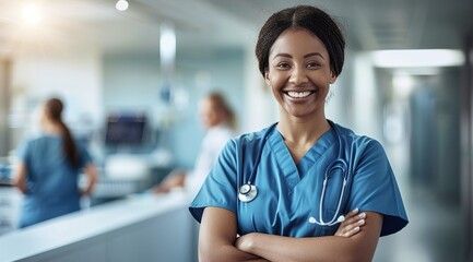young african american nurse or medical student standing in hospital 