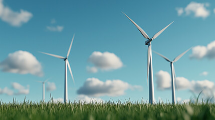 Wind turbines spinning against a backdrop of clear blue skies
