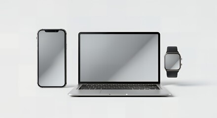 A sleek illustration of gadgets like smartphones, laptops, and smartwatches in grayscale. Transparent background for tech branding.