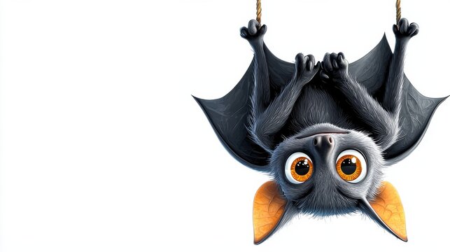 Cute Spooky Bat with Big Orange Eyes Hanging in the Dark