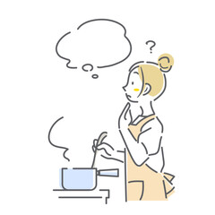 料理中に考え事をする女性　シンプルでお洒落な線画イラスト