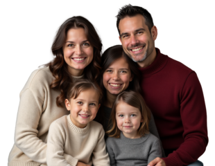 Happy family portrait with transparent background - parents and three children wearing coordinated knitwear in burgundy, beige and grey tones showing genuine smiles and warmth in professional studio p
