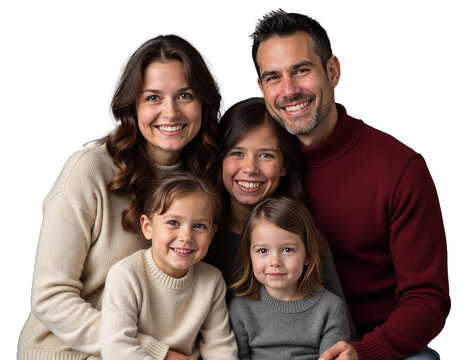Happy family portrait with transparent background - parents and three children wearing coordinated knitwear in burgundy, beige and grey tones showing genuine smiles and warmth in professional studio p