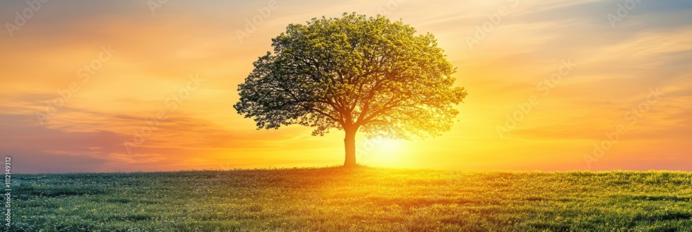 Aufkleber a solitary tree rises in an expansive field, illuminated by the brilliant hues of a sunset, creating