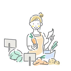 スーパーで食料品の買い物をする女性　シンプルでお洒落な線画イラスト