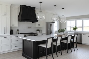 Fototapeta premium Modern Kitchen Interior Featuring Black and White Cabinets, Exquisite Light Fixtures, and Spacious Dining Area with a View of the Outdoors