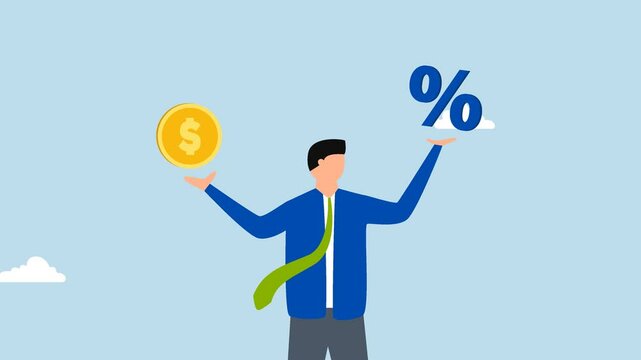 Lending, 4k animation of Businessman gripping a dollar coin and percentage symbol. 