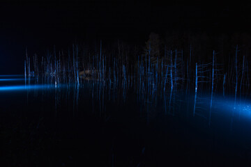 ライトアップされた秋の夜の湖　美瑛町
