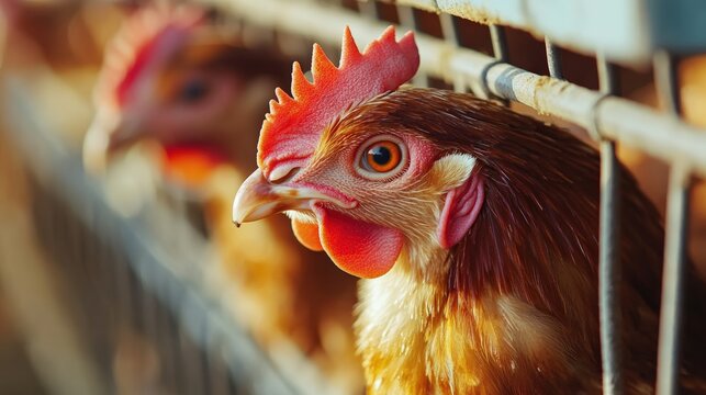 Compassionate Chicken Farming Close-up of a Hen in a Modern, Humane Cage, Highlighting Ethical Meat Production and Animal Welfare Standards.