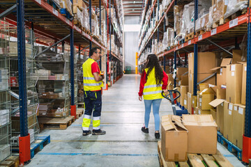 Warehouse workers managing logistics and inventory with hand pallet truck