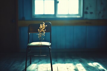 A solitary chair with wildflowers placed on its seat, illuminated by soft natural light from a nearby window, creating a serene and peaceful indoor atmosphere.