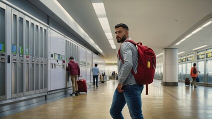 Fototapeta premium traveler using a locker system in a contemporary train station or airport terminal