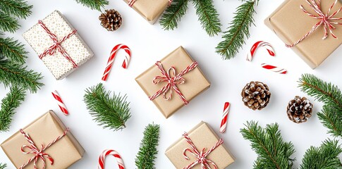 Festive Cheer: Christmas Gifts and Decorations on a White Table with Space for Your Message