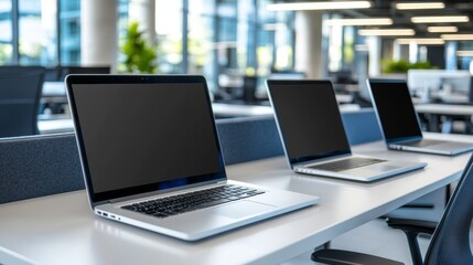 Empty Modern Office Interior. Row of Laptops on Desk in Coworking Space with Blurred Background