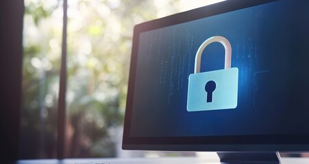 Computer screen with glowing padlock symbol, cybersecurity concept