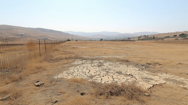 A parched desert landscape with cracked earth and dying vegetation portrays the severity of prolonged droughts due to climate change.