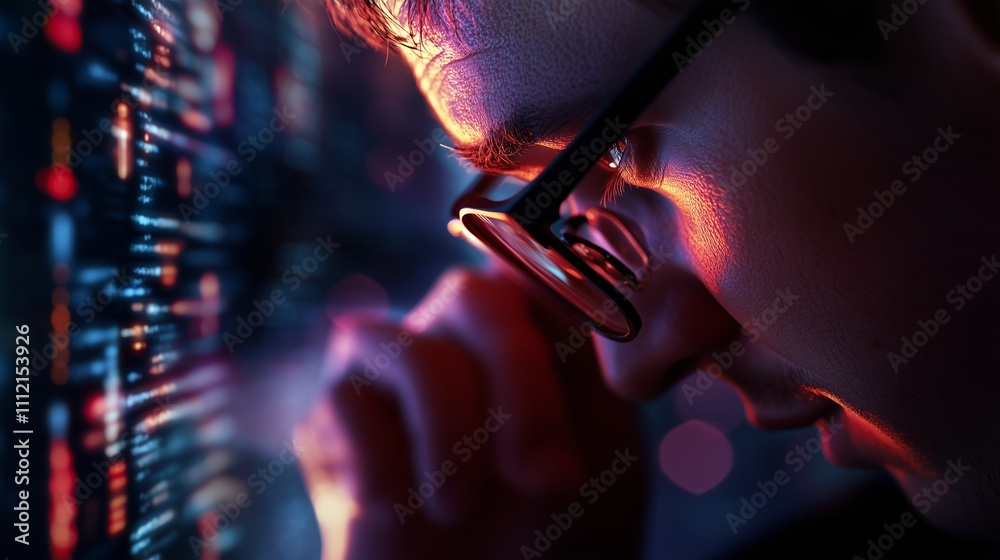Poster young individual focused on computer programming in a dimly lit environment with vibrant colors illu