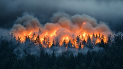 A rainforest burning as smoke billows into the atmosphere represents human-induced destruction and its contribution to climate change.