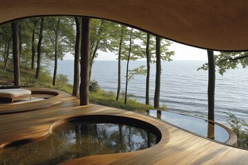 Fototapeta premium Modern architectural design with curved wooden elements showcasing a serene lakeside view surrounded by lush trees and inviting outdoor space for relaxation