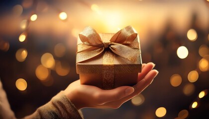 romantic gift box is held in hand, wrapped beautifully with a ribbon, ready to be given.