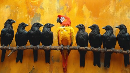 A vibrant, colorful parrot perched confidently among a group of black crows on a branch, representing the themes of individuality, diversity, and boldly standing out in a crowd