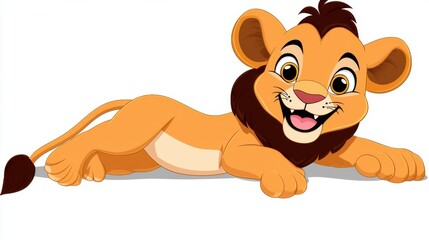 Cartoon Lion Cub Smiling and Laying with Happy Expression