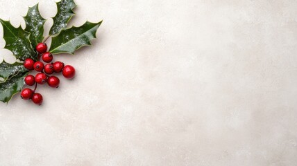 Snowdusted holly berries and leaves arranged on standard background winter wonderland close-up nature photography