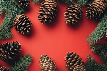 Naklejka premium Festive Charm: Pine Cones and Christmas Tree Branches on a Vibrant Red Backdrop