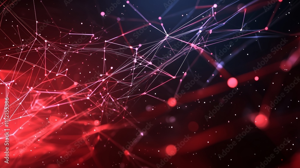 Poster complex network structure with dynamic lines and glowing dots in a dark space background