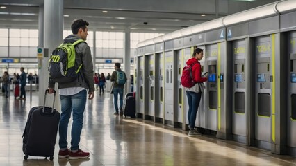 traveler using a locker system in a contemporary train station or airport terminal