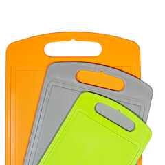 Chopping cutting board set on white background. Cutting boards plastic isolated set of three