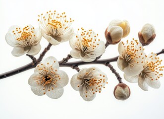 Delicate white plum blossoms on a branch against a bright white background.  Perfect for spring themes, nature, and floral designs.