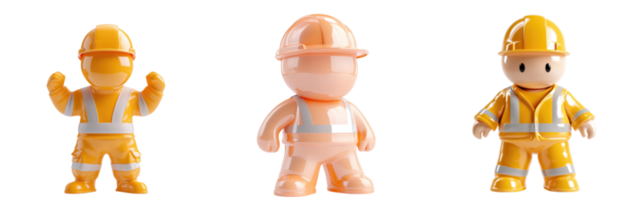 Construction materials equipment tools concept. Colorful construction figures in safety gear, perfect for representing teamwork, safety, and construction projects.