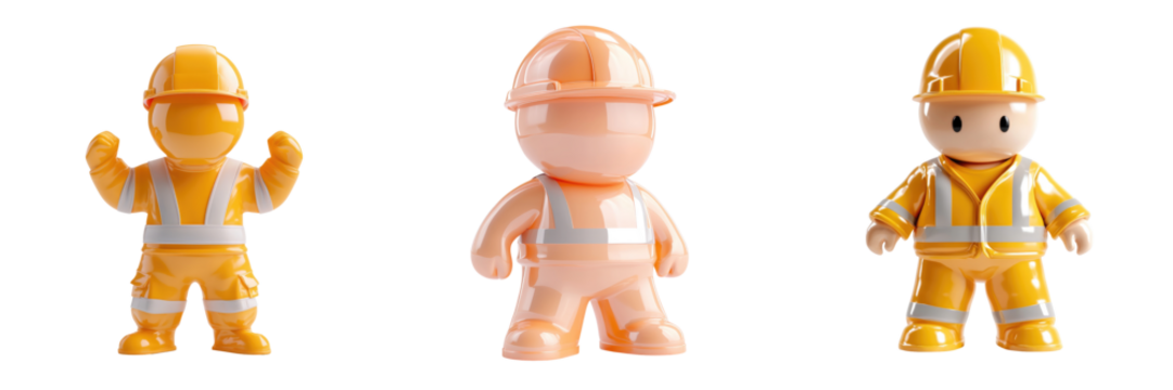 Construction materials equipment tools concept. Colorful construction figures in safety gear, perfect for representing teamwork, safety, and construction projects.