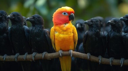 A vibrant, colorful parrot perched confidently among a group of black crows on a branch, representing the themes of individuality, diversity, and boldly standing out in a crowd