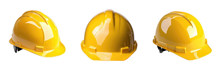 Fototapeta premium Construction materials equipment tools concept. Three yellow hard hats arranged neatly, ideal for construction, safety, or industrial themes. Represents protection and teamwork.