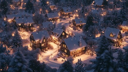 Fototapeta premium Serene Winter Village Scene with Soft Evening Glow and Snowfall, Ultra-Detailed Photorealistic Image of Cozy Atmosphere