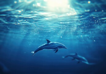 Obraz premium Graceful Dolphins Swimming Underwater in Sunlit Ocean Water Capturing the Beauty of Marine Life and the Serenity of the Deep Blue Sea