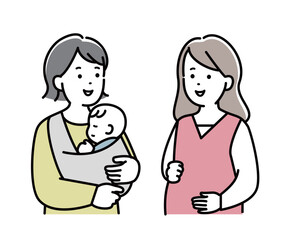 会話をする赤ちゃんを抱いたお母さんと妊婦さん