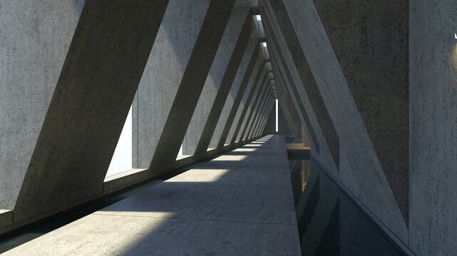 A stunning 3D illustration of brutalist architecture featuring a concrete corridor with angular, geometric supports and natural light streaming through.