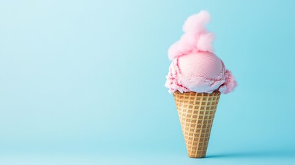 A scoop of pink ice cream in a waffle cone with a cotton candy cloud on top, on a light blue background.