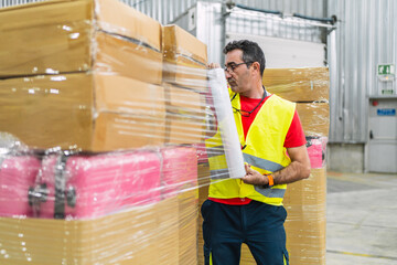 Warehouse worker wrapping packages with plastic film in logistics center